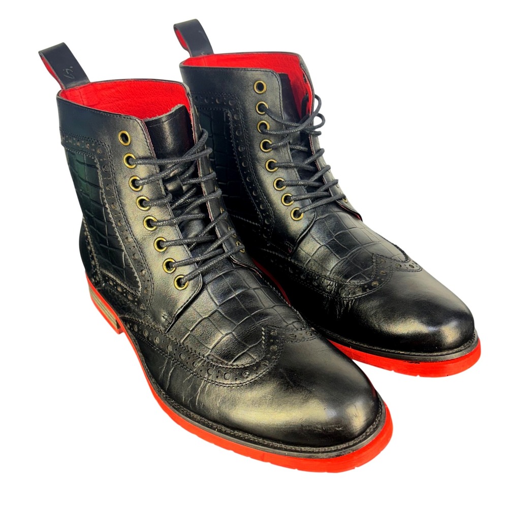 Marc Nolan Black Ankle Boots Moto Croc Embossed Leather Red Sole Grunge Mens 7 - Picture 3 of 8